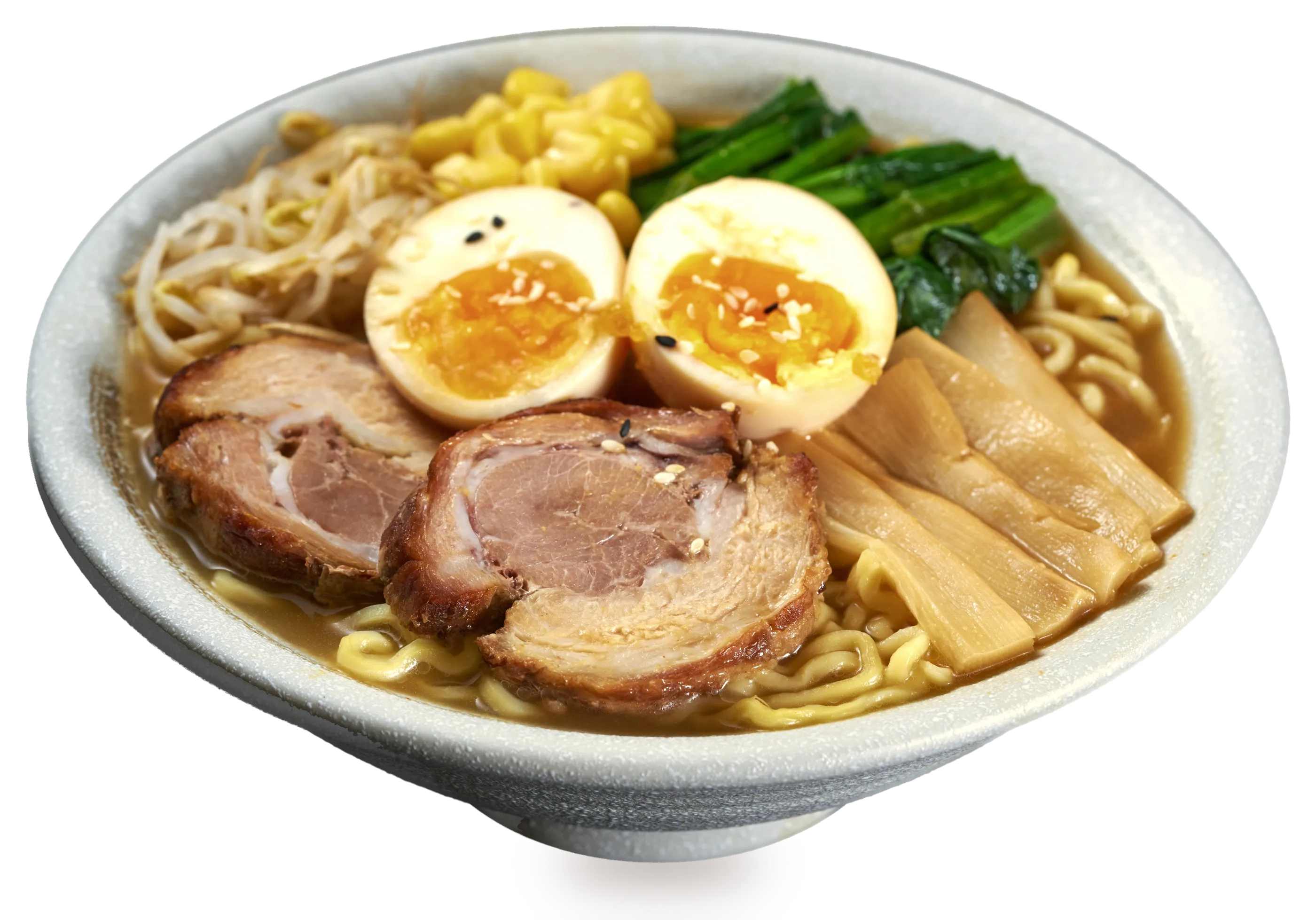 A bowl of ramen from the side, in a pale speckled bowl: chashu, two soft-boiled eggs, sweet corn, bean sprouts, menma and greens over wavy noodles.